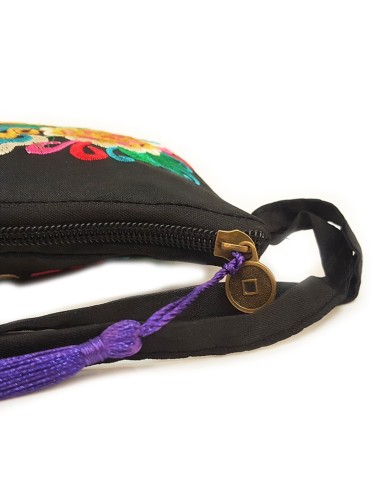 Bolso de mano negro bordado con flores - morado