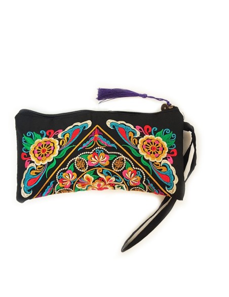 Schwarze Clutch mit besticktem Blumenmuster - violett
