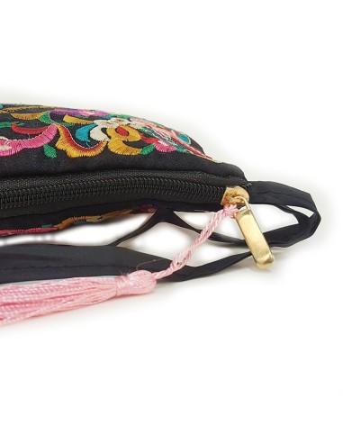 Black pouch with embroidered face motif - pink