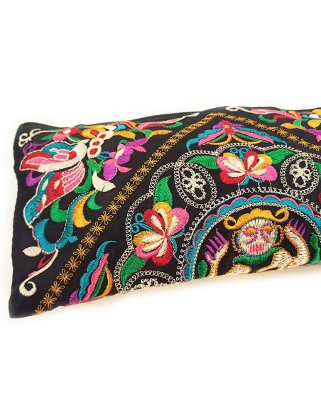 Black pouch with embroidered face motif - pink