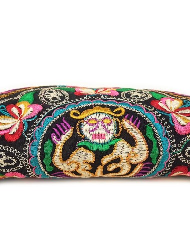 Black pouch with embroidered face motif - pink