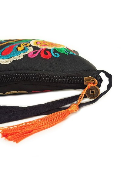 Pochette nera ricamata con fiori - arancione