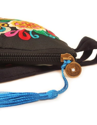 Bolsa de tela negra con bordado floral - cian