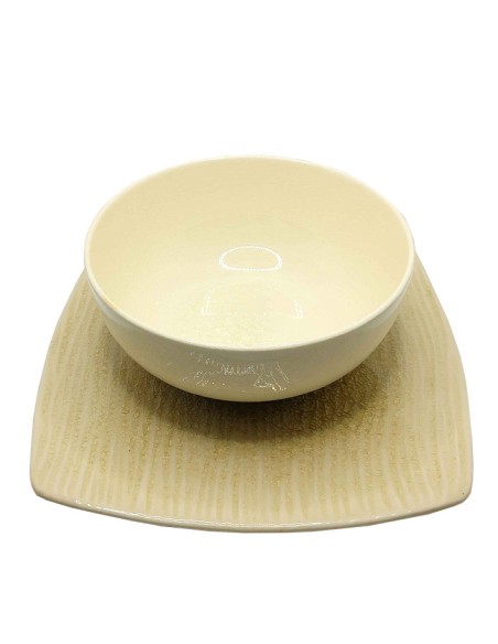 Ensemble vaisselle céramique beige - bol & assiette carrée élégants