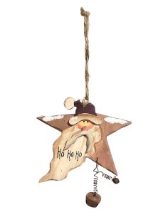 Wooden star Father Christmas with bells - Fir tree decoration 2