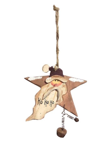 Wooden star Father Christmas with bells - Fir tree decoration