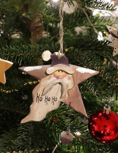 Stella di legno Babbo Natale con campanelle - Decorazione per abete