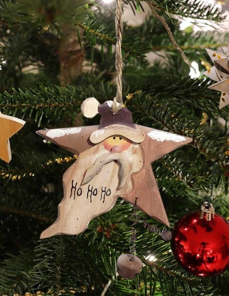 Wooden star Father Christmas with bells - Fir tree decoration