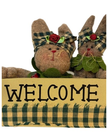 Placa Welcome con conejos de tela – Decoración vintage