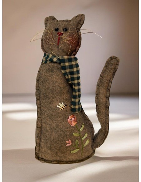 Chat en Tissu Fait Main avec Broderies Exceptionnelles - 29 cm