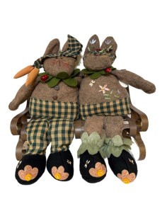 Couple of Rabbits Sitting on Fabric Bench – Handmade 31 x 32 cm