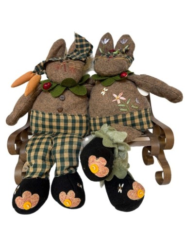 Couple of Rabbits Sitting on Fabric Bench – Handmade 31 x 32 cm