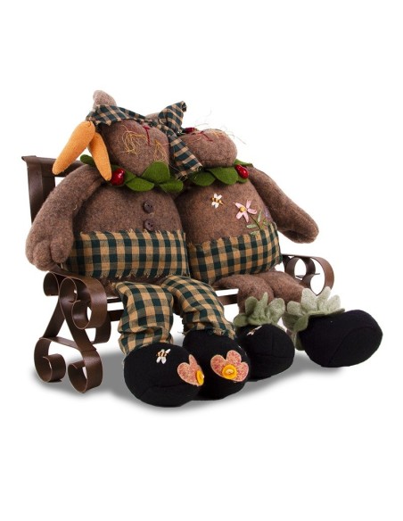 Couple of Rabbits Sitting on Fabric Bench – Handmade 31 x 32 cm