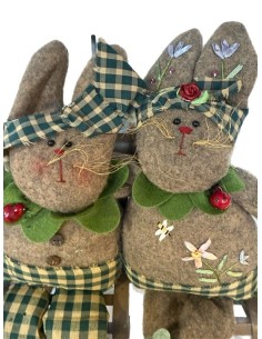 Couple of Rabbits Sitting on Fabric Bench – Handmade 31 x 32 cm 2