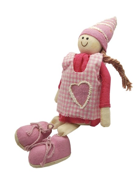 Bambola decorativa in tessuto da appoggiare - Rosa e rossa - 15 cm