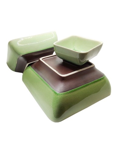 Set of 3 Stackable Square Green Glazed Ceramic Dishes - Tableware