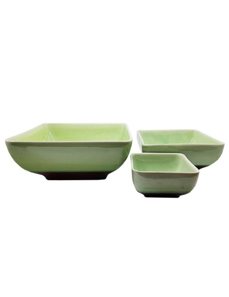 Set of 3 Stackable Square Green Glazed Ceramic Dishes - Tableware