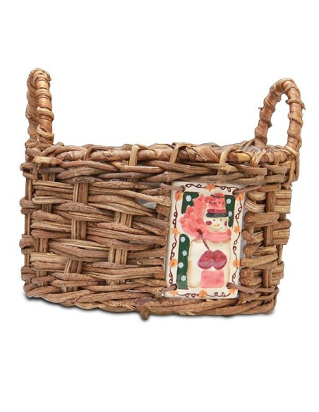 Panier rond tressé en bois céramique bonhomme de neige